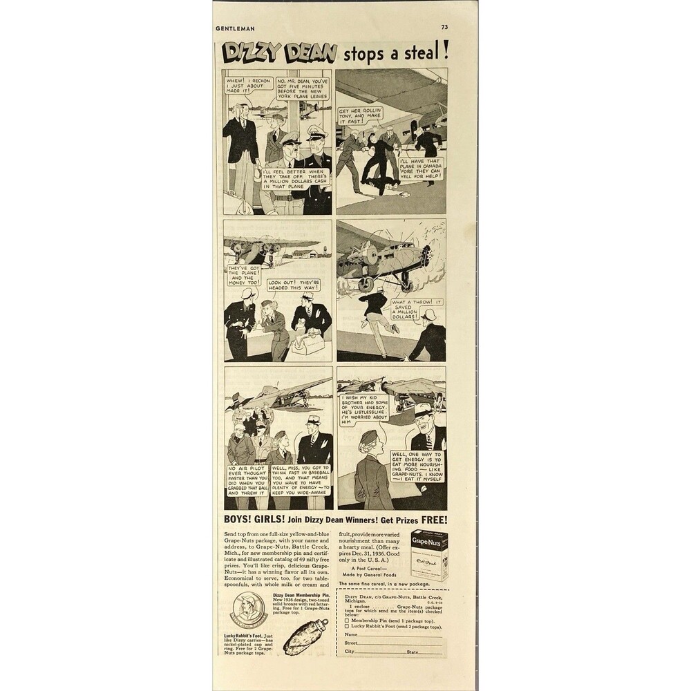 Grape Nuts Cereal "Dizzy Dean stops a steal!" Illustrated Vintage Print Ad 1936